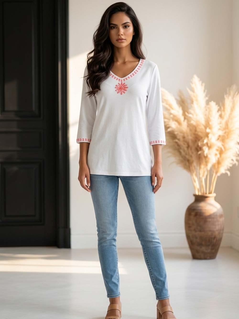 Quacker Factory White 3/4 Sleeve Tee with Pink Jewel Trim